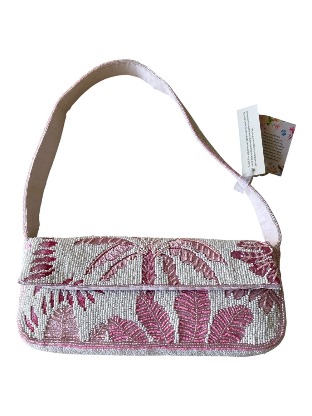Handmade in India Pink & White Beaded Palm Leaf Shoulder Bag Beachy
